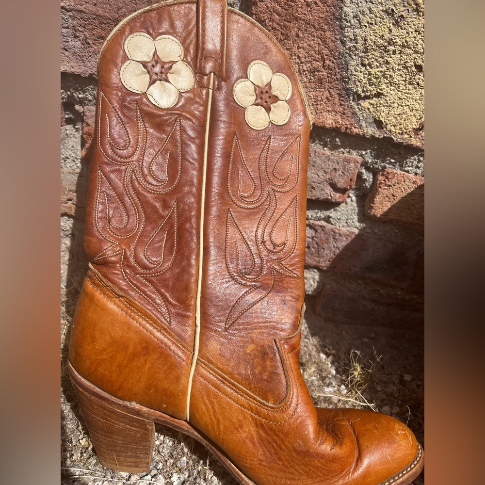 Vintage 1970s Acme Hibiscus Floral Cowboy Boots Size 8 Western Cowgirl Boots - Picture 9 of 14